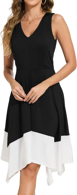 Moss Rose Women's Summer Casual Dress Fashion V Neck Sleeveless Midi Dresses with Asymmetrical Hem