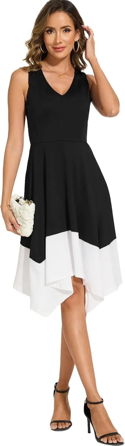 Moss Rose Women's Summer Casual Dress Fashion V Neck Sleeveless Midi Dresses with Asymmetrical Hem