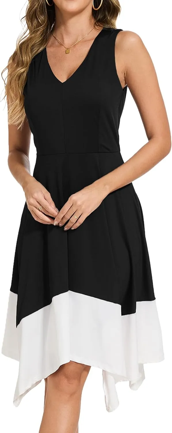 Moss Rose Women's Summer Casual Dress Fashion V Neck Sleeveless Midi Dresses with Asymmetrical Hem