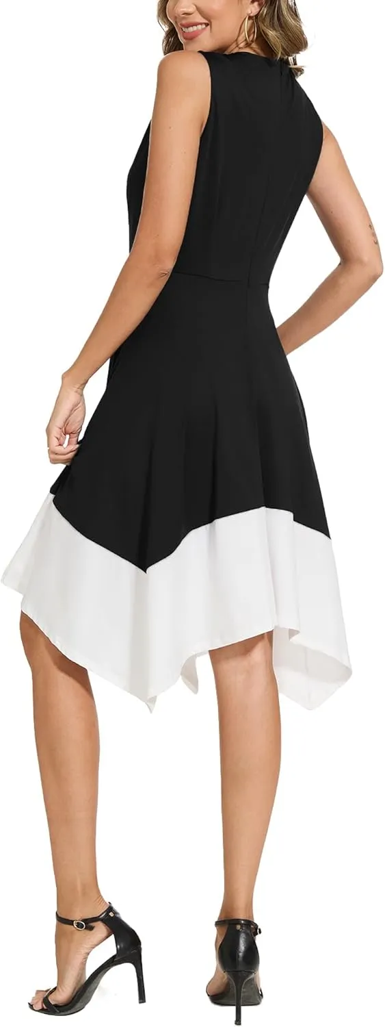 Moss Rose Women's Summer Casual Dress Fashion V Neck Sleeveless Midi Dresses with Asymmetrical Hem