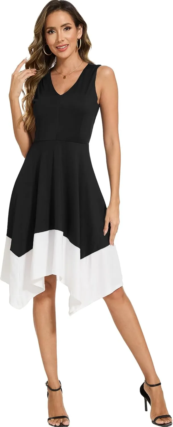 Moss Rose Women's Summer Casual Dress Fashion V Neck Sleeveless Midi Dresses with Asymmetrical Hem
