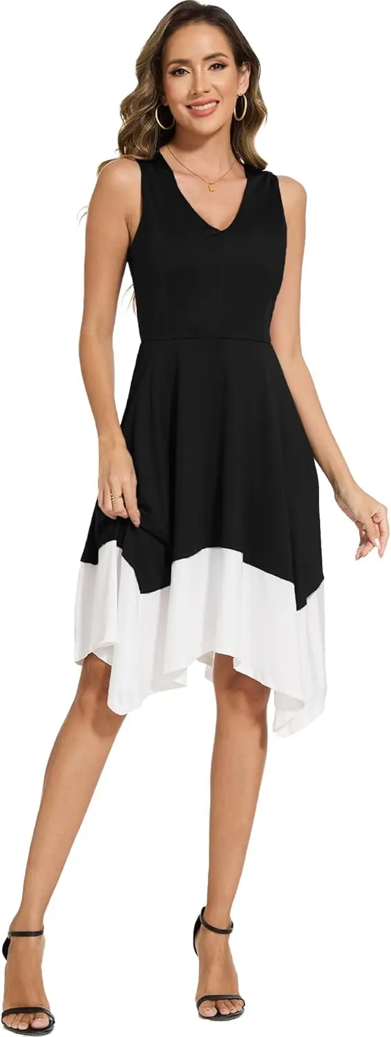 Moss Rose Women's Summer Casual Dress Fashion V Neck Sleeveless Midi Dresses with Asymmetrical Hem