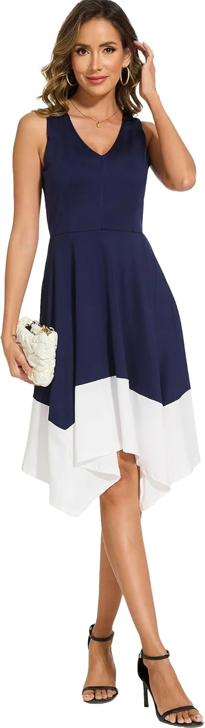 Moss Rose Women's Summer Casual Dress Fashion V Neck Sleeveless Midi Dresses with Asymmetrical Hem