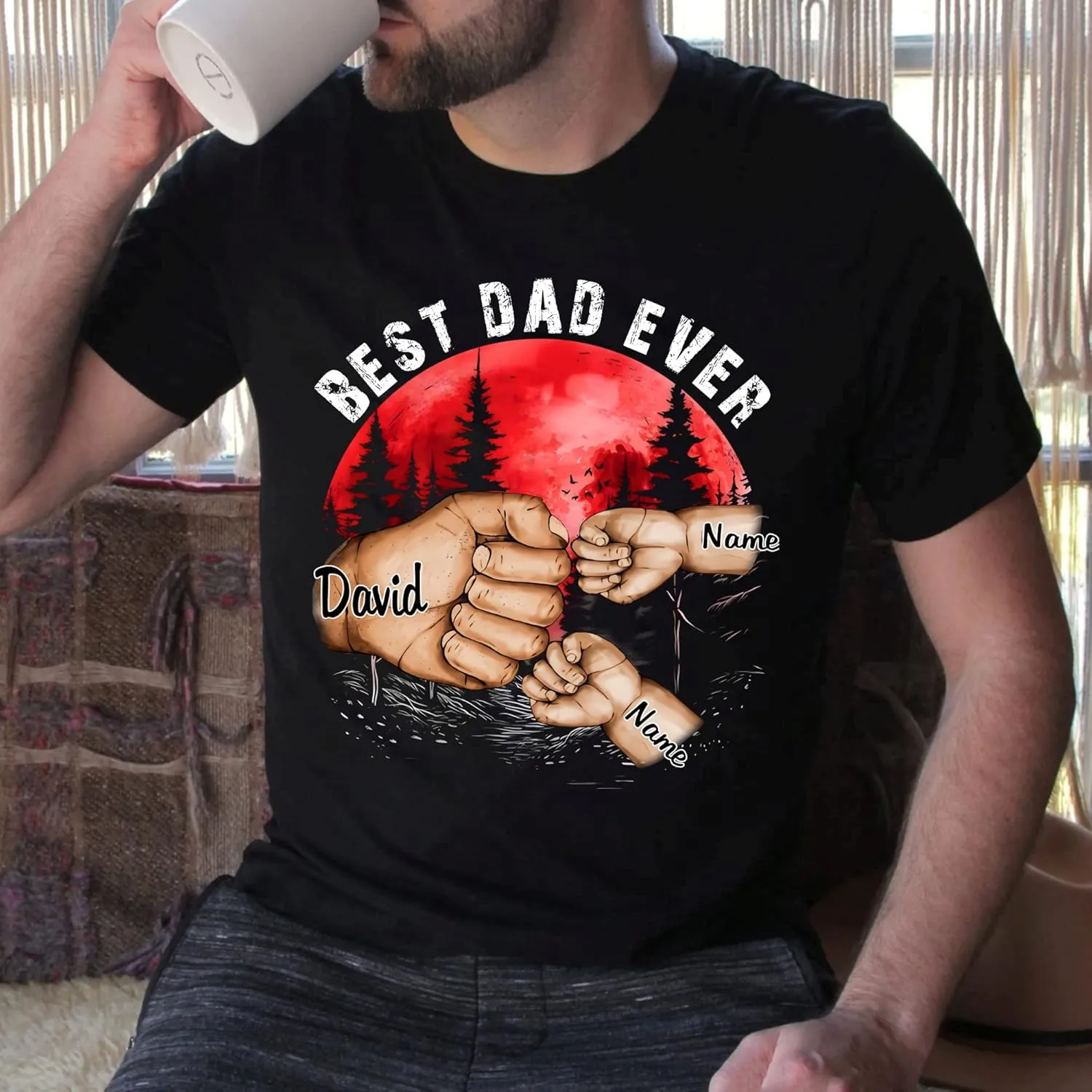 NAZENTI Personalize Best Grandpa Dad Ever Shirt - Custom Fist Bump Papa Father w Kid Name T-Shirt S-4XL Hoodie Sweatshirt