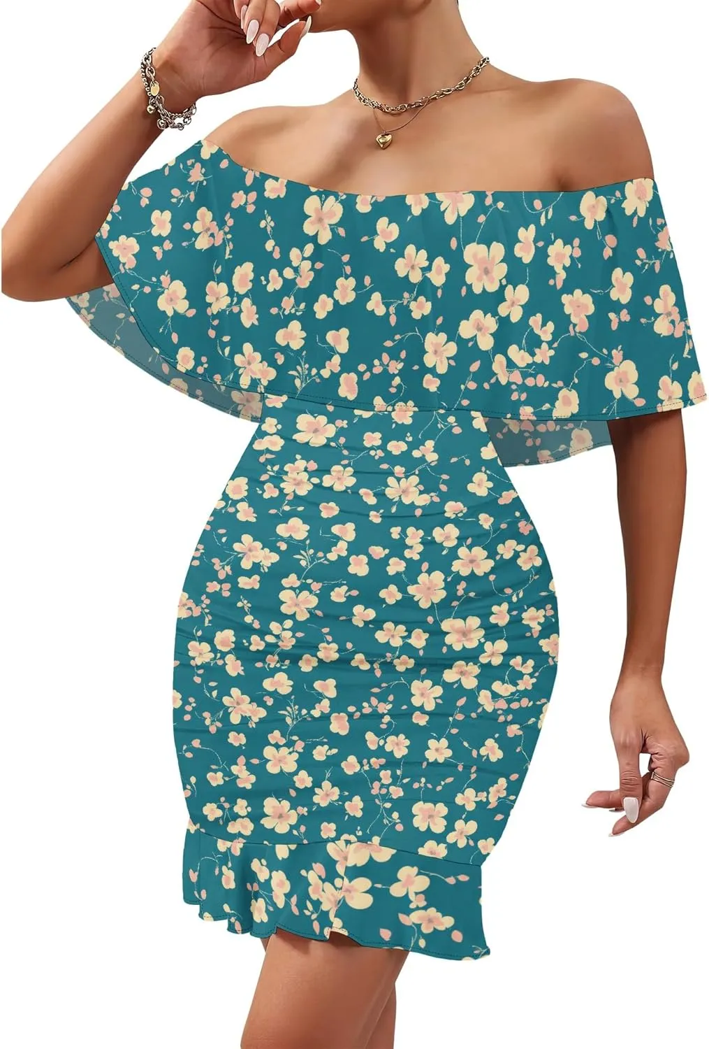 PinkPatty Summer Mini Dress for Women Off Shoulder Ruffled Bodycon Dresses Short Beach Sundress
