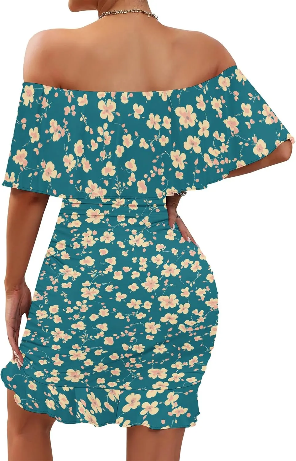 PinkPatty Summer Mini Dress for Women Off Shoulder Ruffled Bodycon Dresses Short Beach Sundress