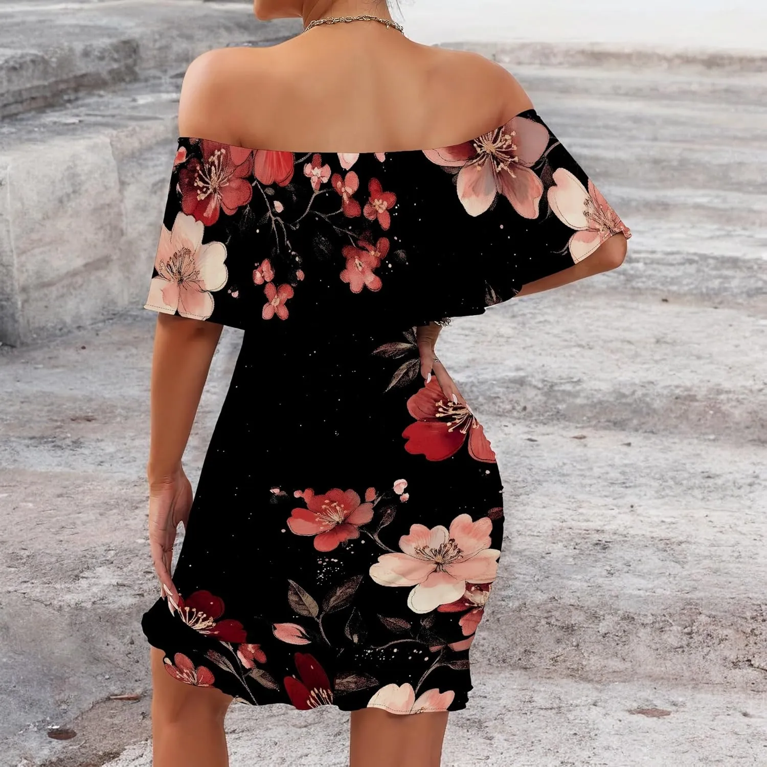PinkPatty Summer Mini Dress for Women Off Shoulder Ruffled Bodycon Dresses Short Beach Sundress