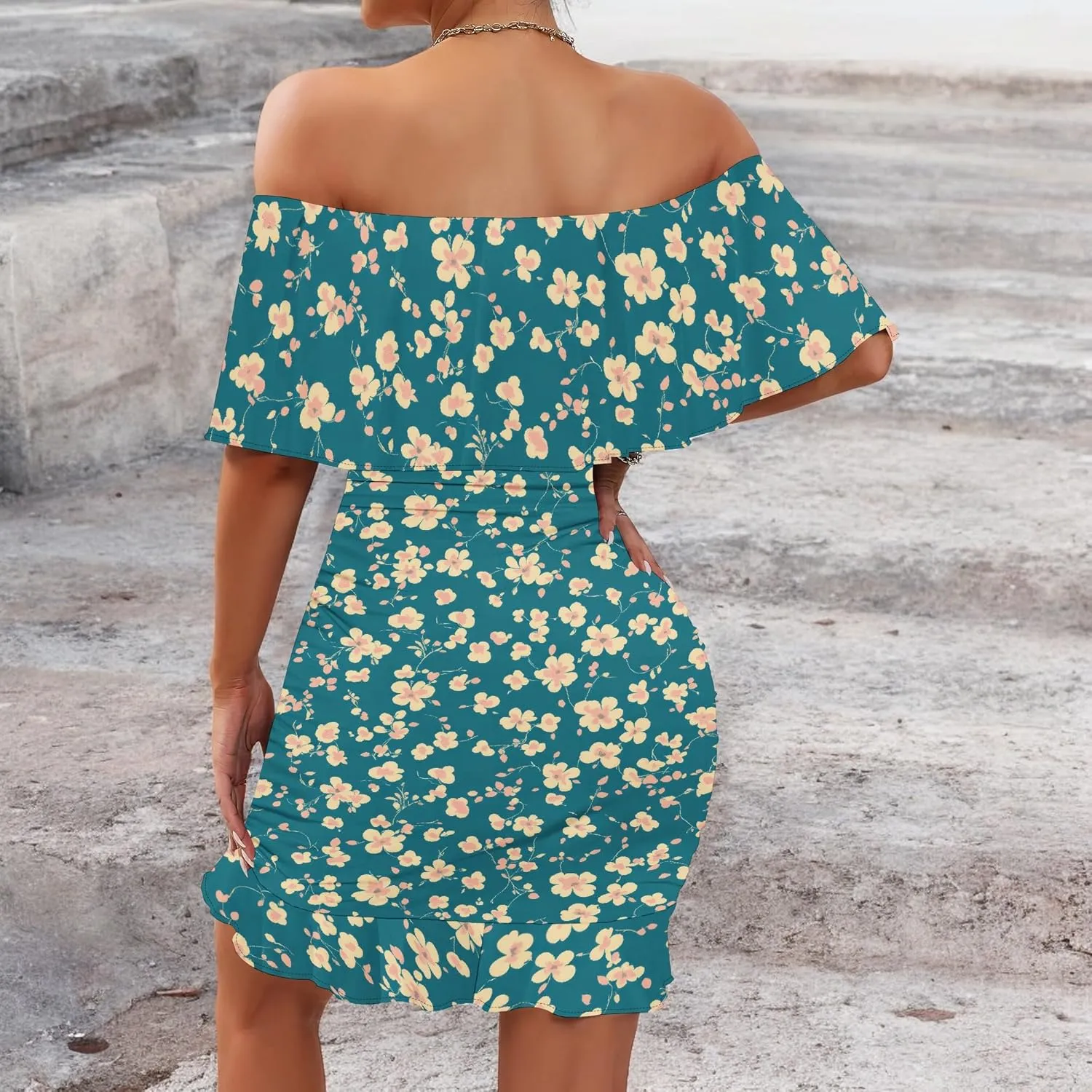 PinkPatty Summer Mini Dress for Women Off Shoulder Ruffled Bodycon Dresses Short Beach Sundress