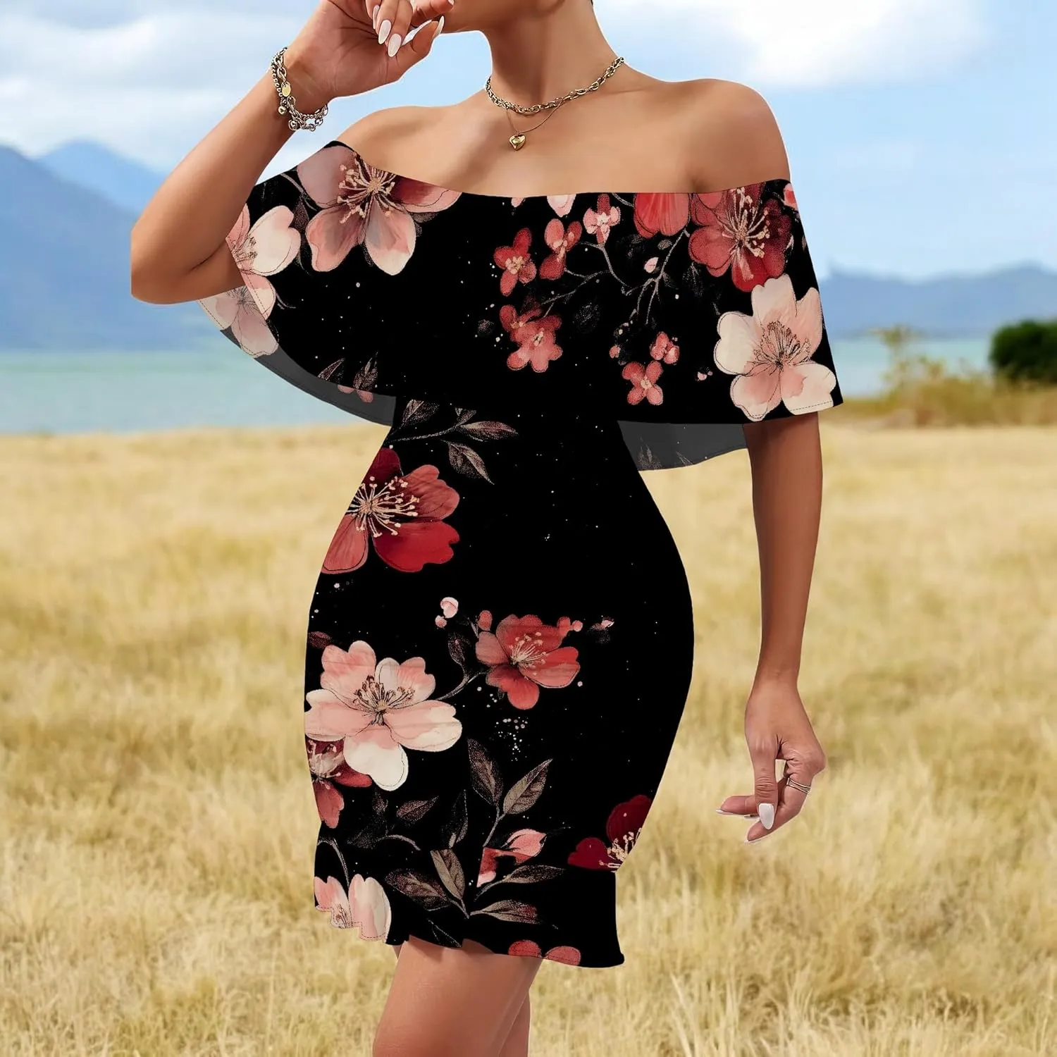 PinkPatty Summer Mini Dress for Women Off Shoulder Ruffled Bodycon Dresses Short Beach Sundress