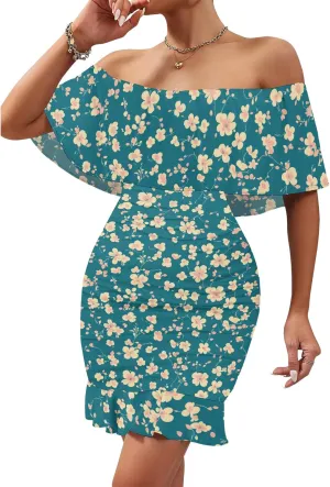 PinkPatty Summer Mini Dress for Women Off Shoulder Ruffled Bodycon Dresses Short Beach Sundress