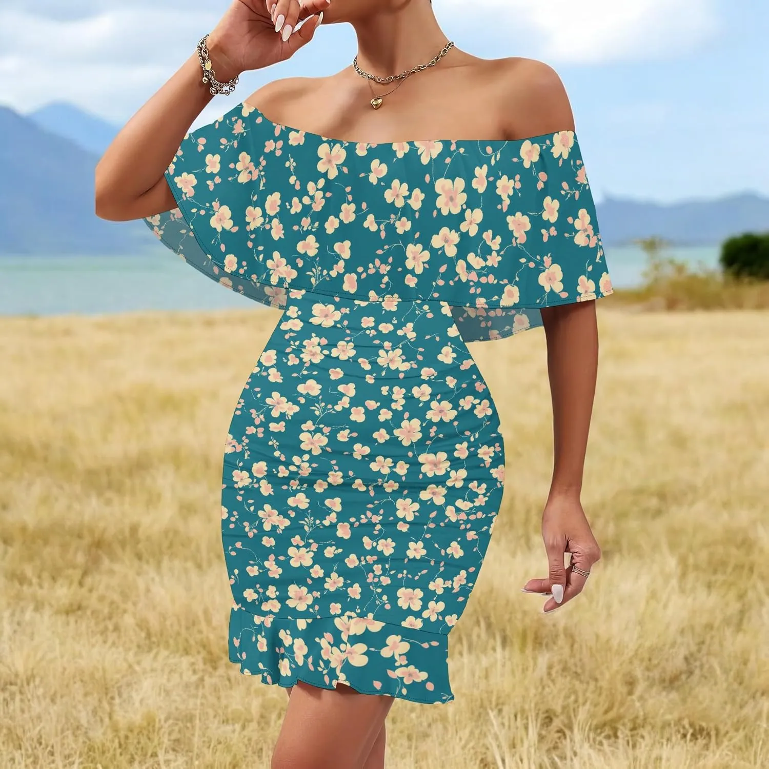 PinkPatty Summer Mini Dress for Women Off Shoulder Ruffled Bodycon Dresses Short Beach Sundress