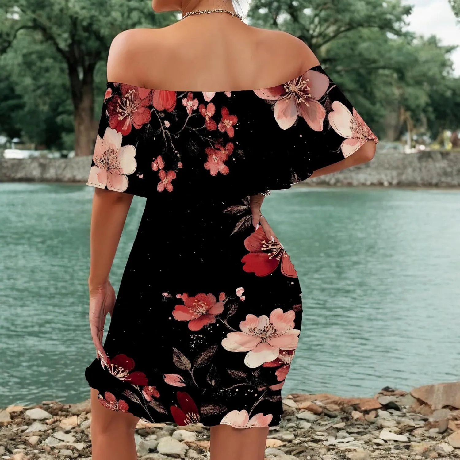 PinkPatty Summer Mini Dress for Women Off Shoulder Ruffled Bodycon Dresses Short Beach Sundress