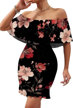 PinkPatty Summer Mini Dress for Women Off Shoulder Ruffled Bodycon Dresses Short Beach Sundress