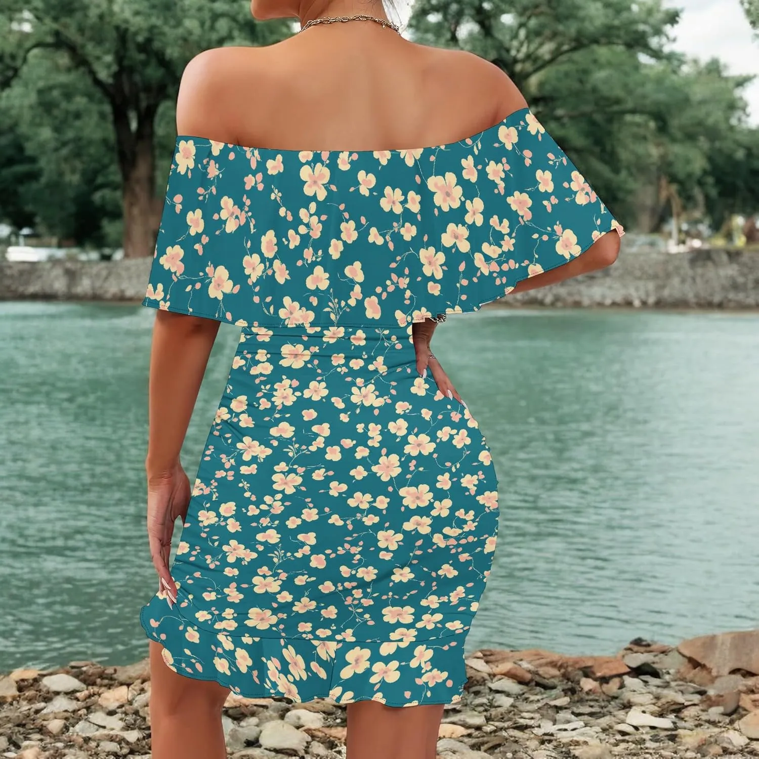 PinkPatty Summer Mini Dress for Women Off Shoulder Ruffled Bodycon Dresses Short Beach Sundress
