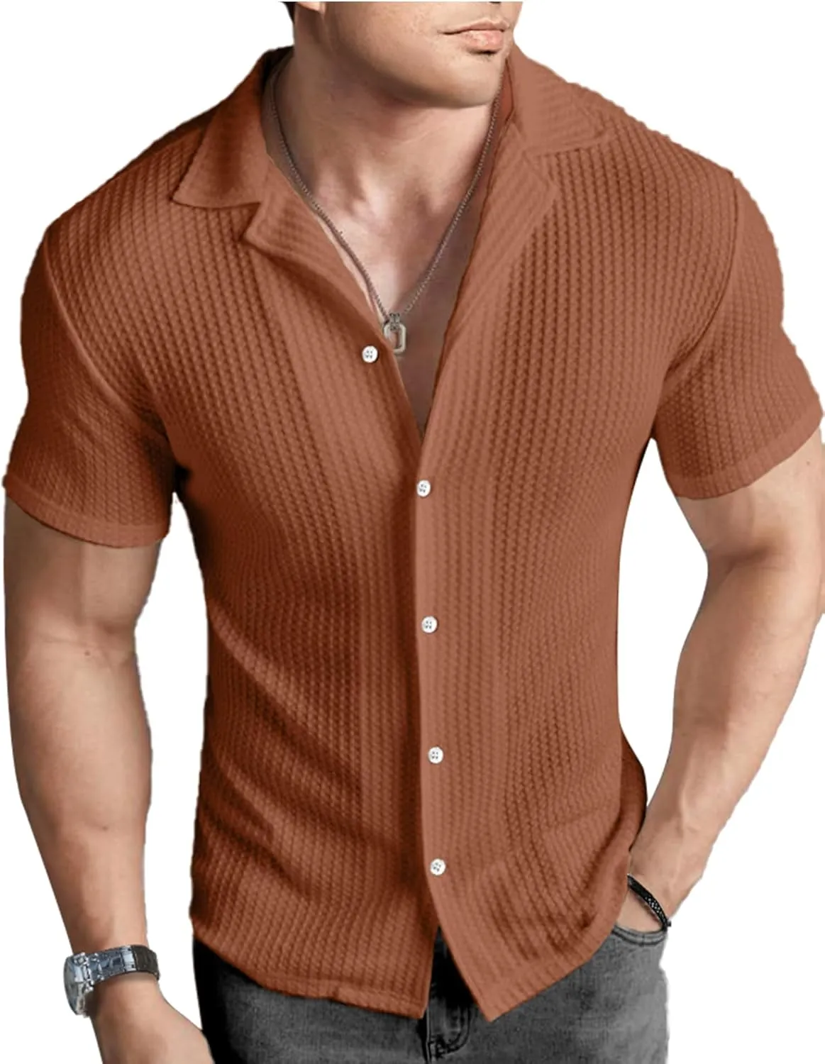 PLEPAN Men's Knit Polo Shirts Button Down Short Sleeve Casual Summer Beach Vintage Waffle Shirts for Men