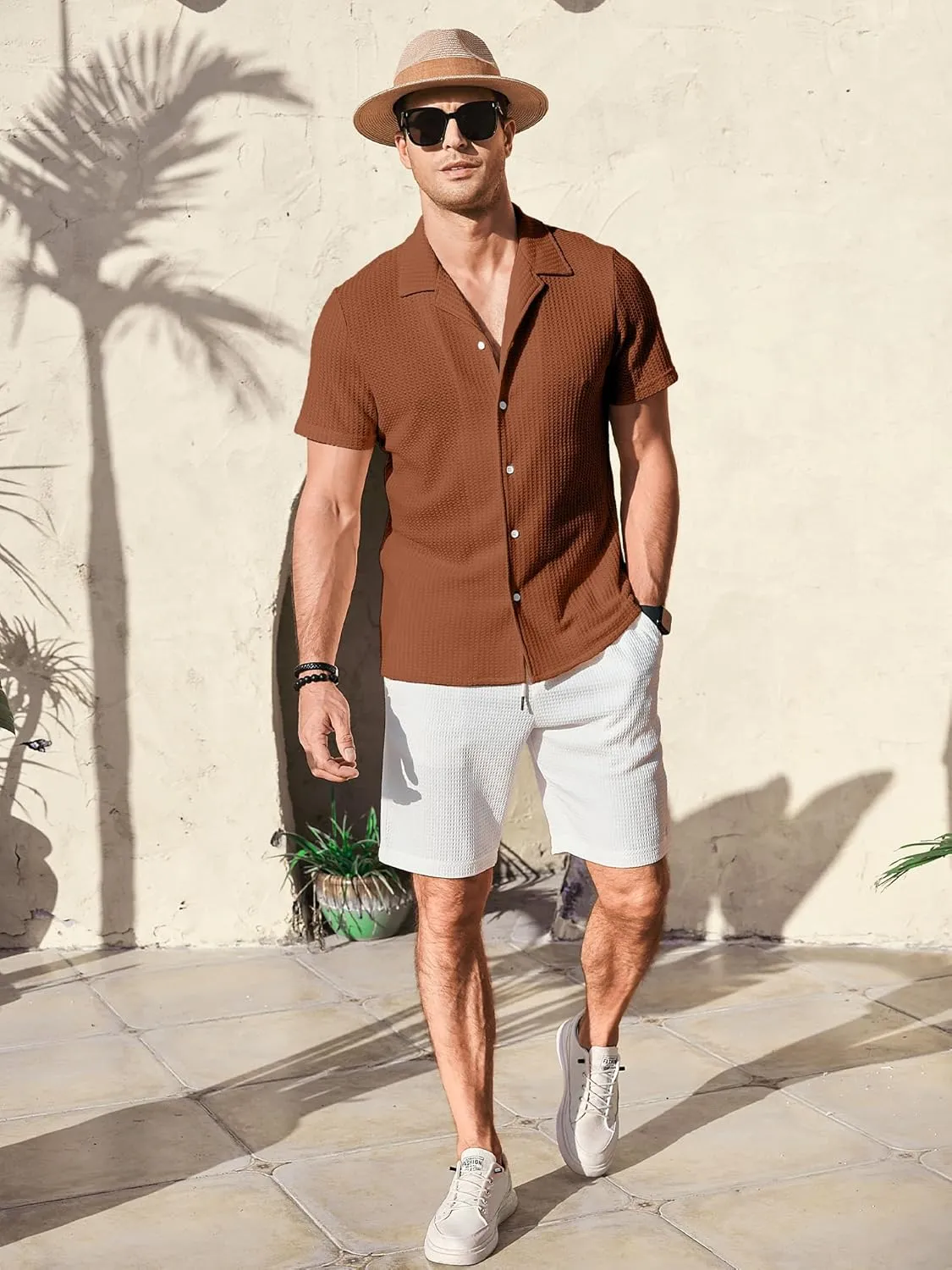 PLEPAN Men's Knit Polo Shirts Button Down Short Sleeve Casual Summer Beach Vintage Waffle Shirts for Men
