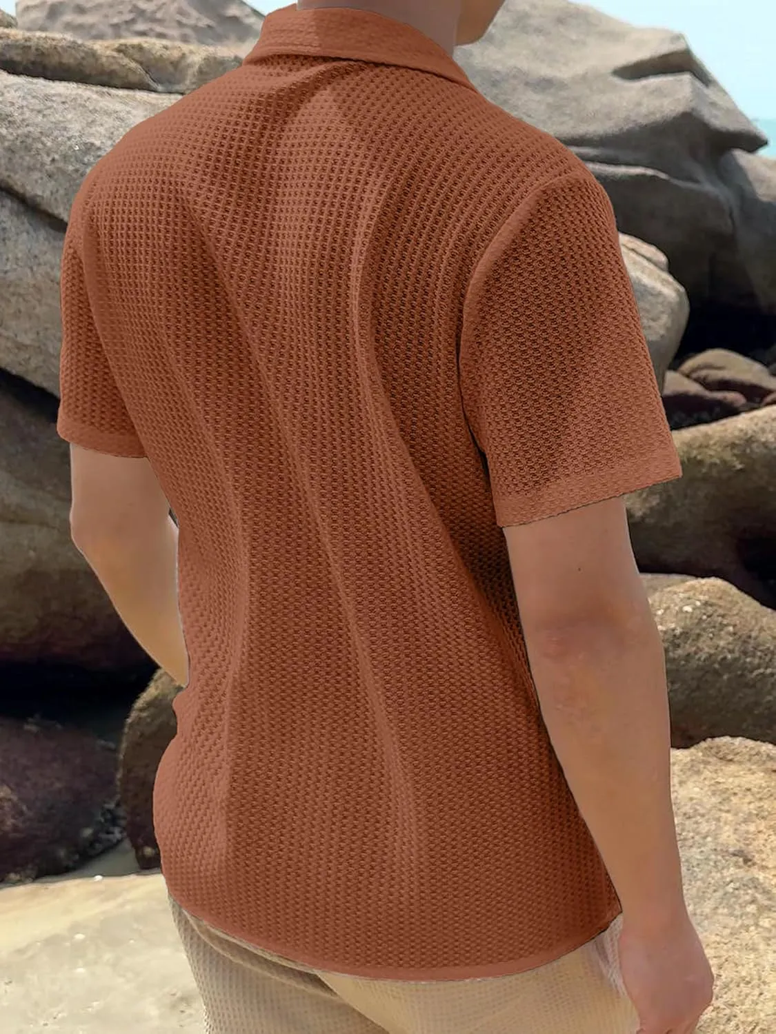 PLEPAN Men's Knit Polo Shirts Button Down Short Sleeve Casual Summer Beach Vintage Waffle Shirts for Men