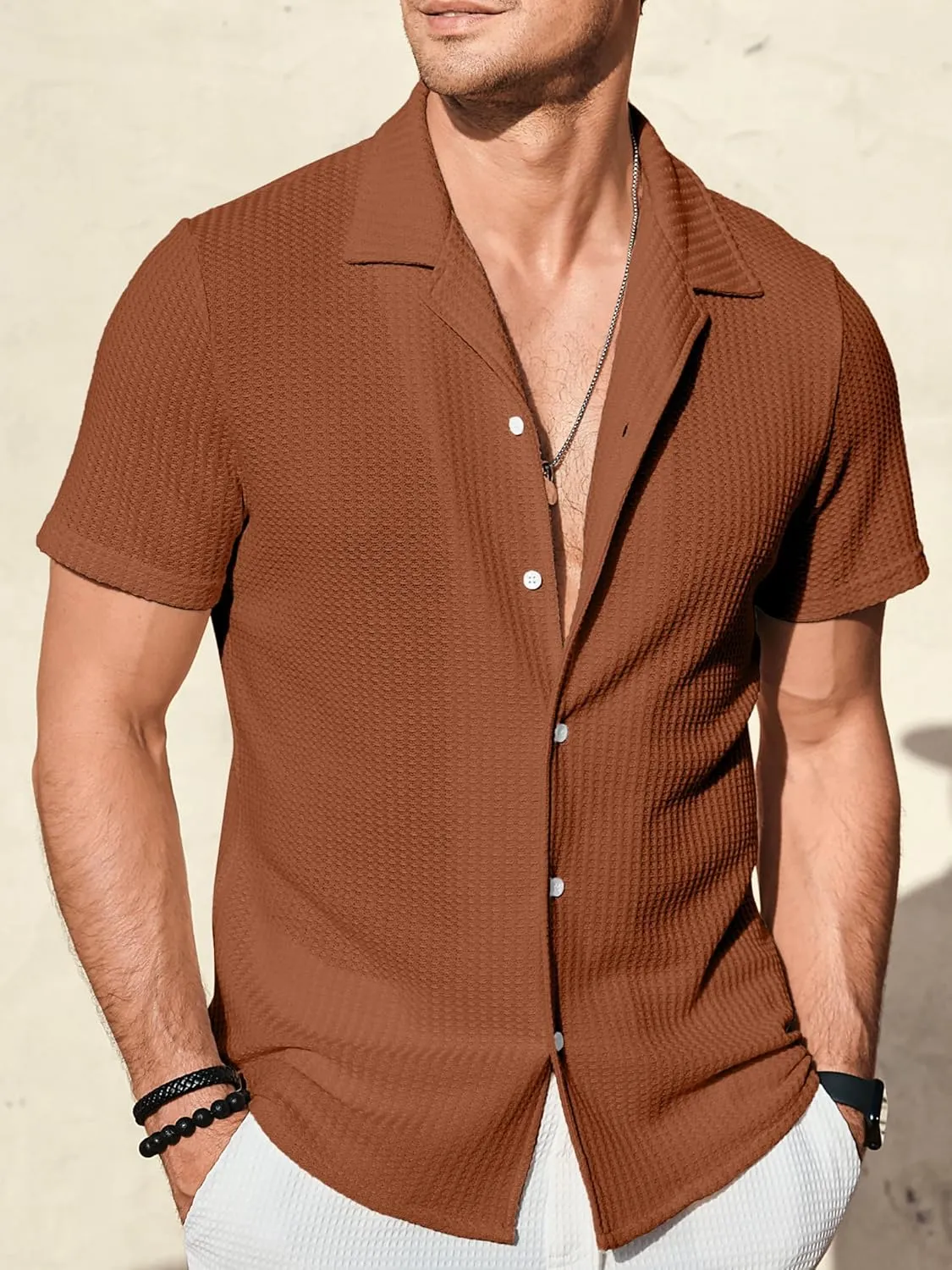 PLEPAN Men's Knit Polo Shirts Button Down Short Sleeve Casual Summer Beach Vintage Waffle Shirts for Men