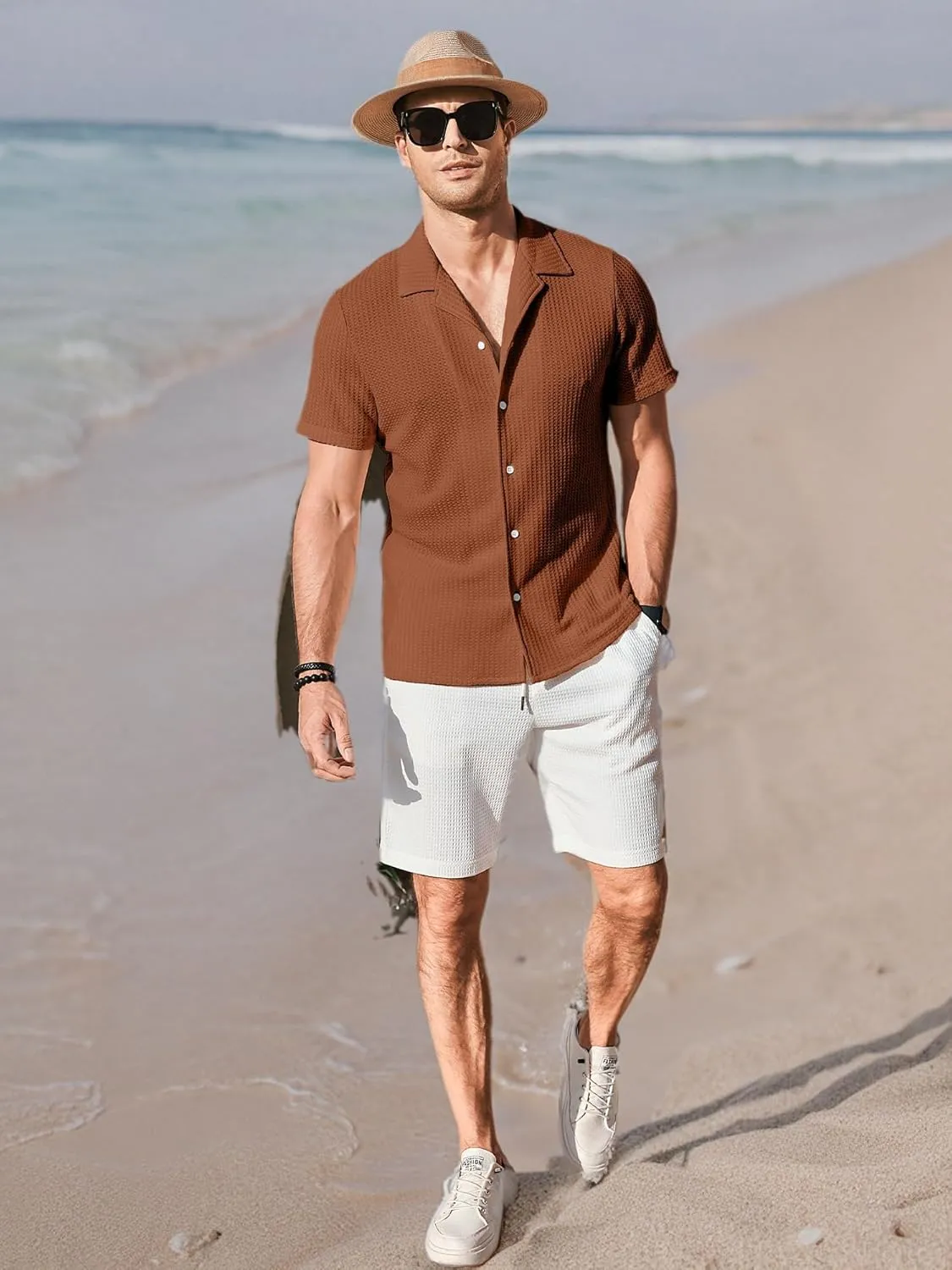 PLEPAN Men's Knit Polo Shirts Button Down Short Sleeve Casual Summer Beach Vintage Waffle Shirts for Men
