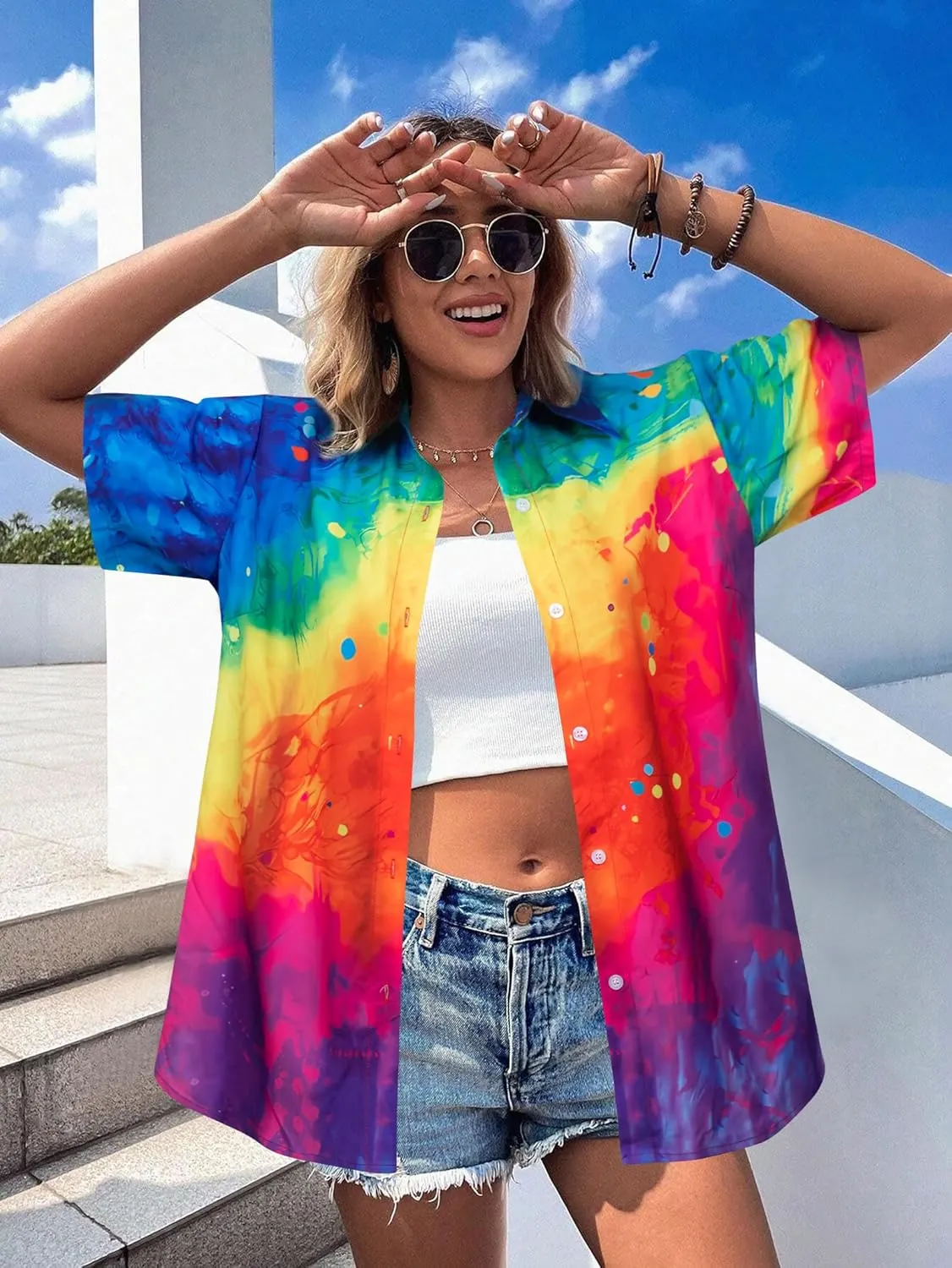 Pride Shirt Women Lesbian Pride Button Down Shirts LGBT Hawaiian Tops Pride Month Outfits Lgbtq Ally Clothes