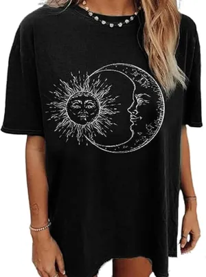Remidoo Women's Casual Oversized T Shirt Short Sleeve Graphic Tee Letter Sun Moon Shirts