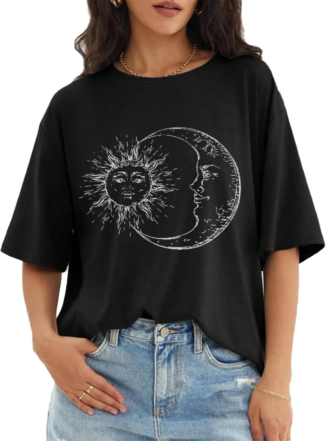 Remidoo Women's Casual Oversized T Shirt Short Sleeve Graphic Tee Letter Sun Moon Shirts