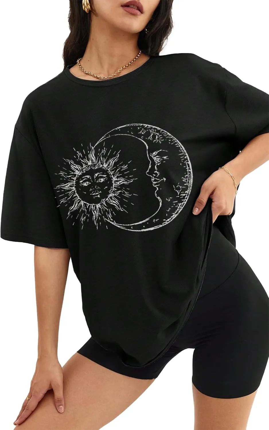 Remidoo Women's Casual Oversized T Shirt Short Sleeve Graphic Tee Letter Sun Moon Shirts