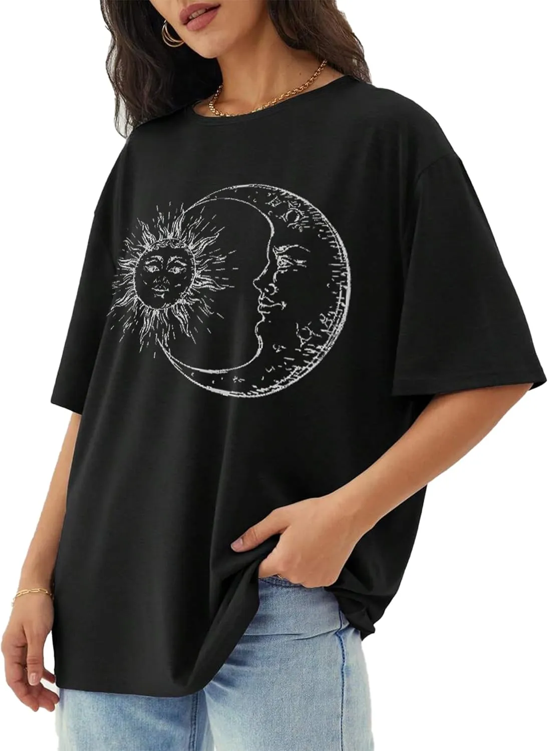 Remidoo Women's Casual Oversized T Shirt Short Sleeve Graphic Tee Letter Sun Moon Shirts