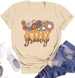 Stay Groovy Shirt for Womens Floral Graphic Retro Shirts Hippie 70s Tee Summer Tee Tops