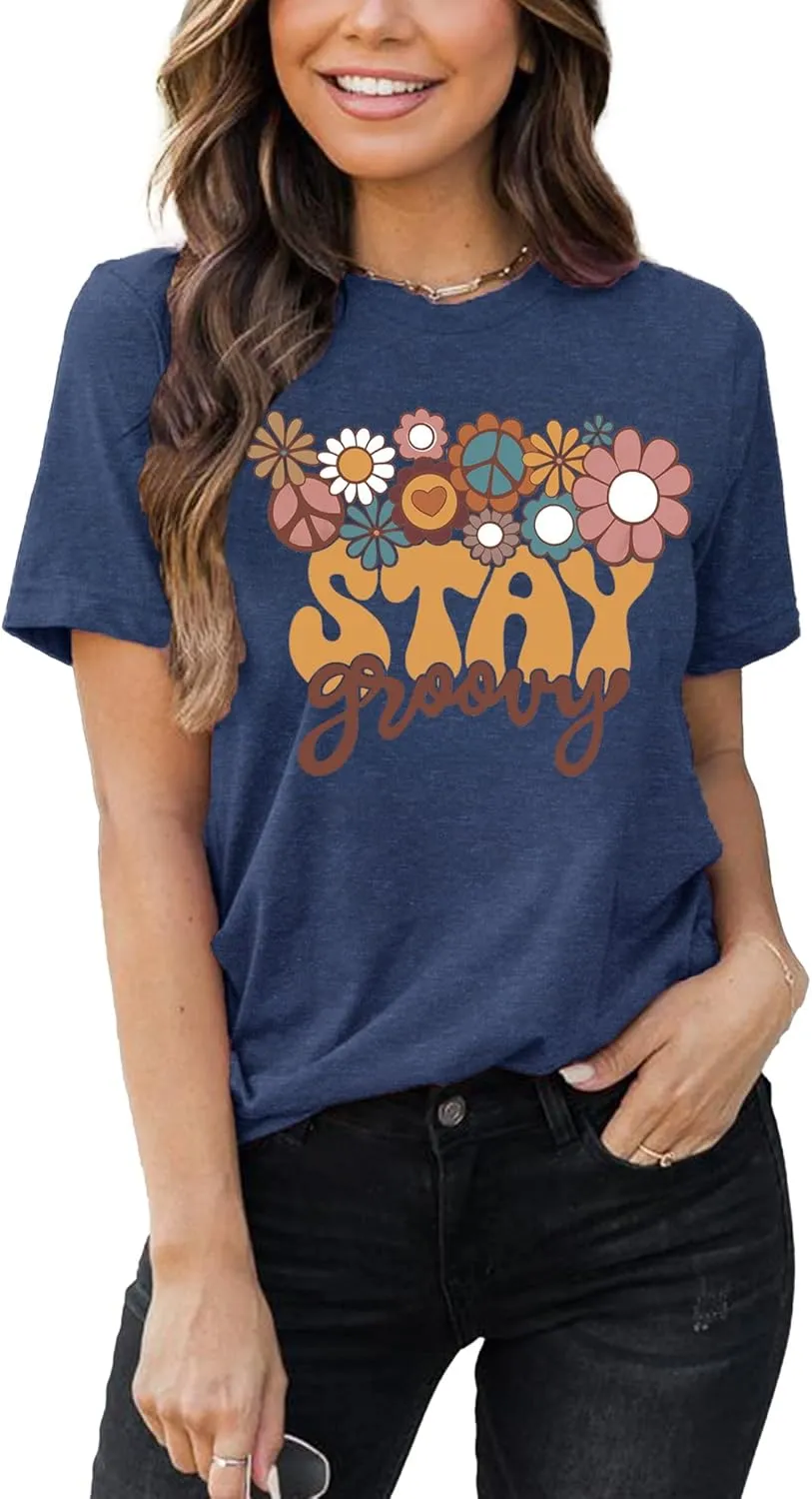 Stay Groovy Shirt for Womens Floral Graphic Retro Shirts Hippie 70s Tee Summer Tee Tops
