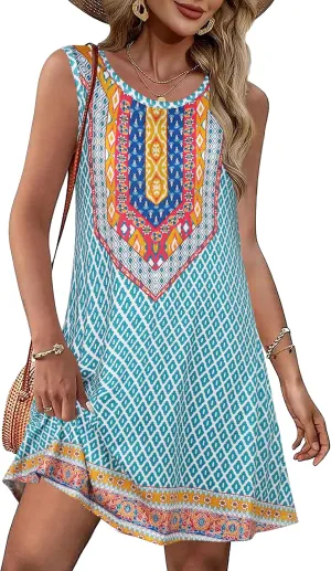 Summer Dresses for Women Beach Boho Sleeveless Vintage Floral Flowy Pocket Tshirt Tank Sundresses