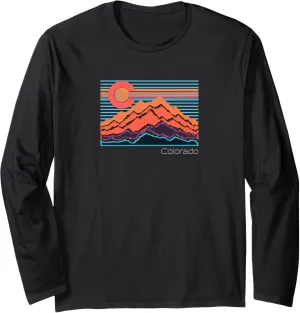 Vintage Colorado Mountain Landscape and Flag Graphic Long Sleeve T-Shirt