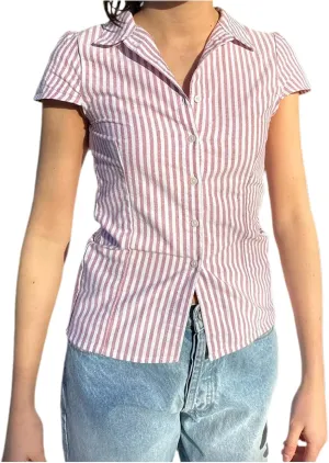 Women Y2k Short Sleeve Button Down Shirts Casual V Neck Button Up Top Vintage Slim Fit Collared Going Out Blouse