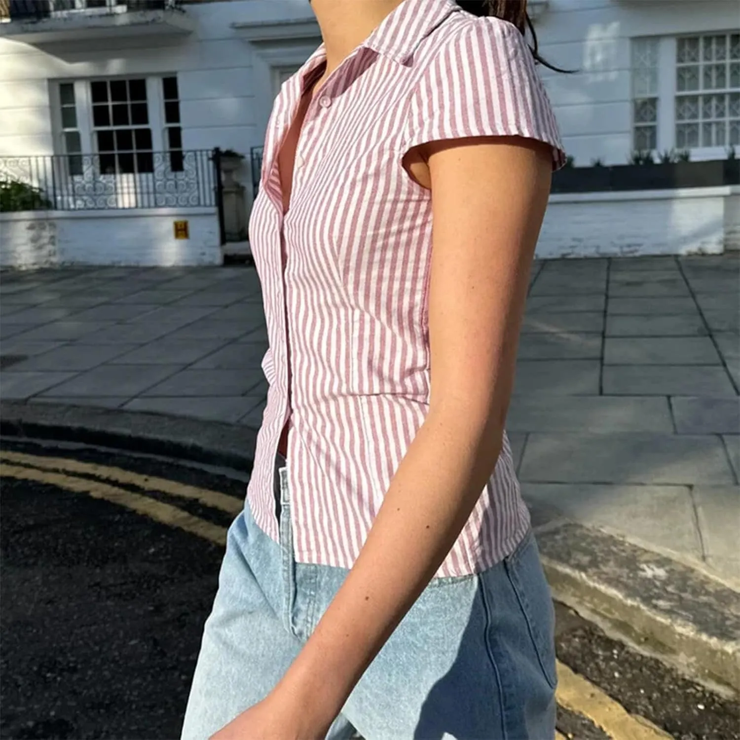 Women Y2k Short Sleeve Button Down Shirts Casual V Neck Button Up Top Vintage Slim Fit Collared Going Out Blouse