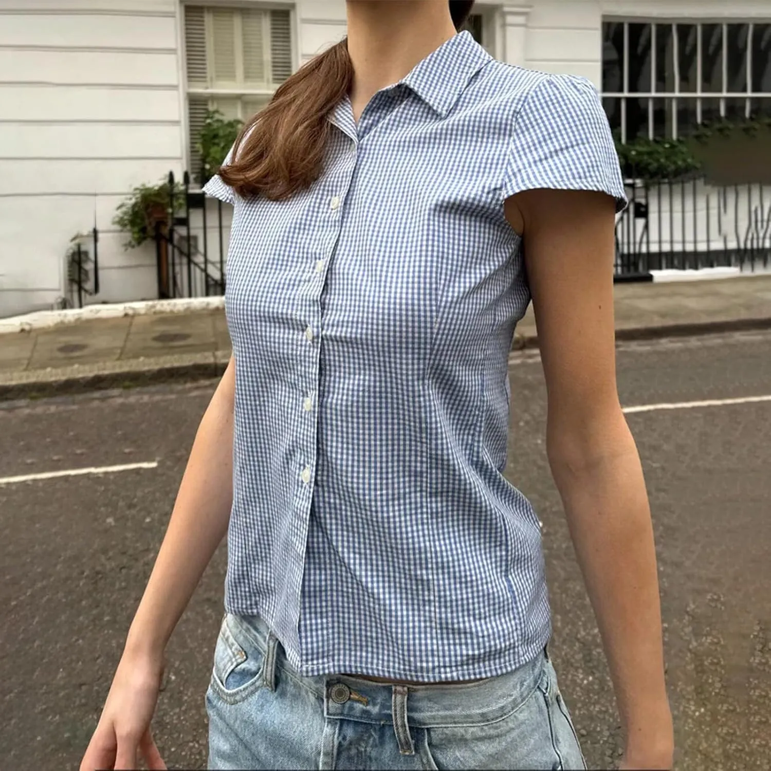 Women Y2k Short Sleeve Button Down Shirts Casual V Neck Button Up Top Vintage Slim Fit Collared Going Out Blouse