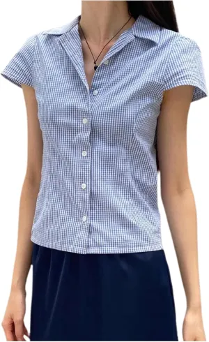 Women Y2k Short Sleeve Button Down Shirts Casual V Neck Button Up Top Vintage Slim Fit Collared Going Out Blouse