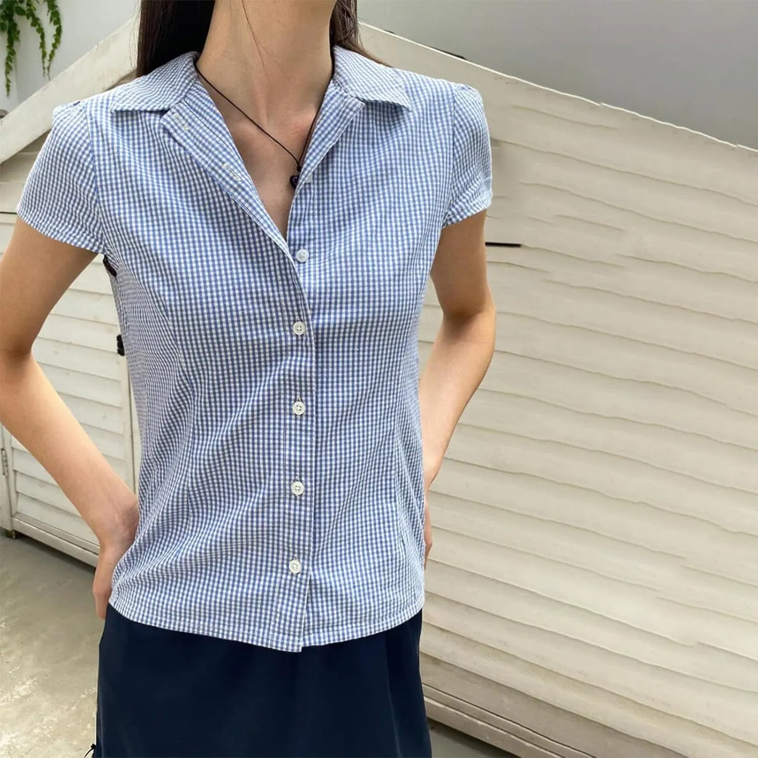 Women Y2k Short Sleeve Button Down Shirts Casual V Neck Button Up Top Vintage Slim Fit Collared Going Out Blouse