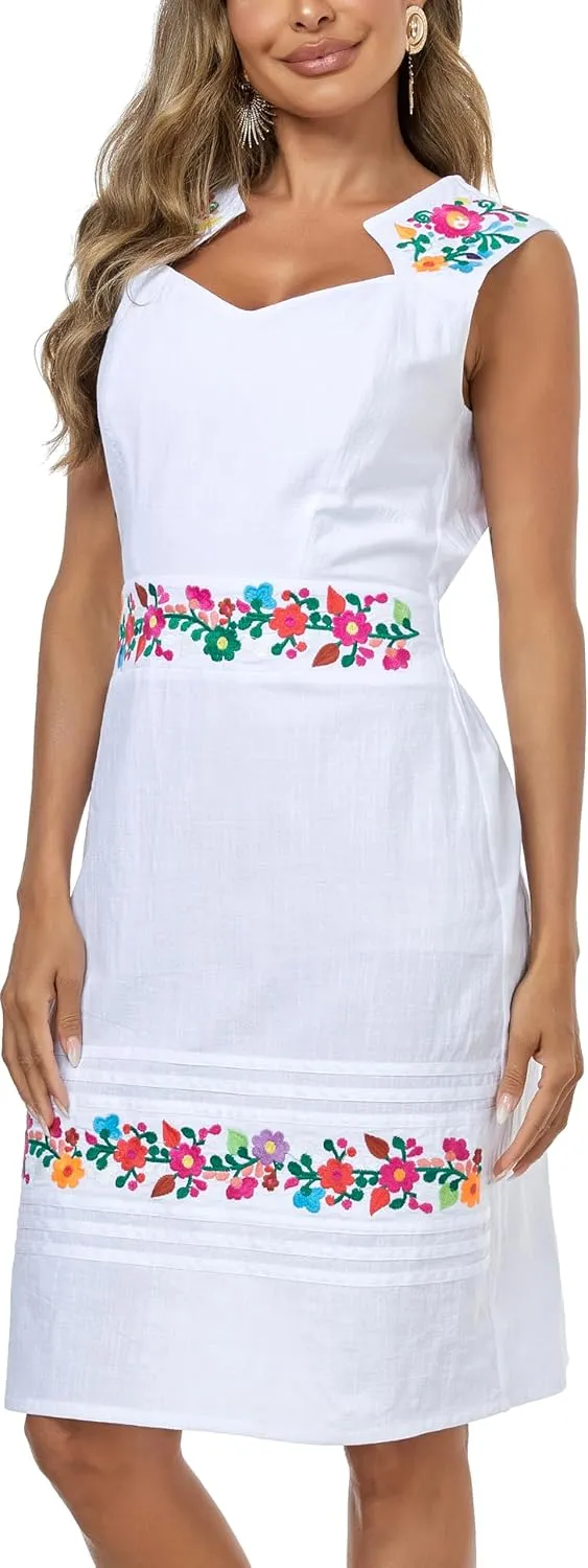 Women's Vintage Summer Dress Floral Embroidered V Neck Casual Party Cocktail Wrap Dress