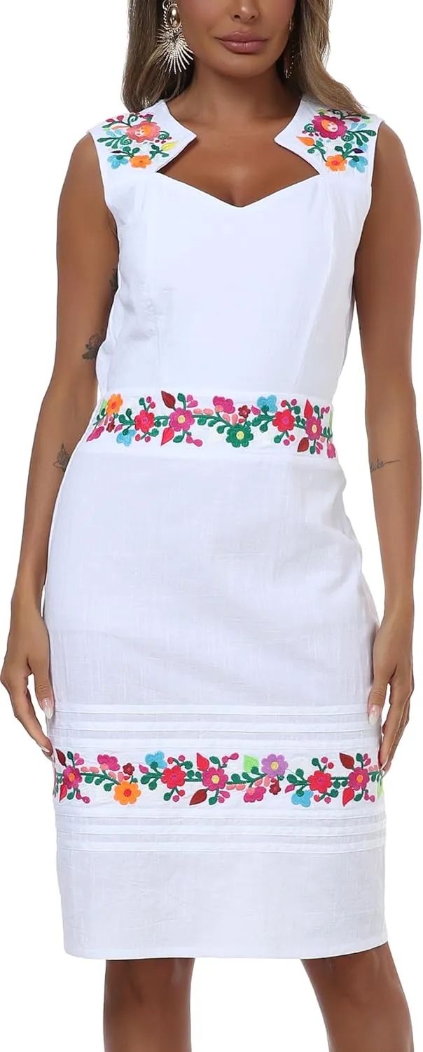 Women's Vintage Summer Dress Floral Embroidered V Neck Casual Party Cocktail Wrap Dress