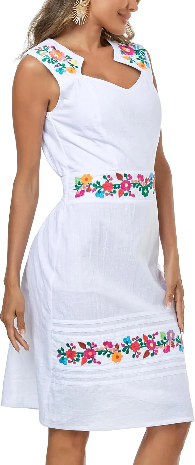 Women's Vintage Summer Dress Floral Embroidered V Neck Casual Party Cocktail Wrap Dress