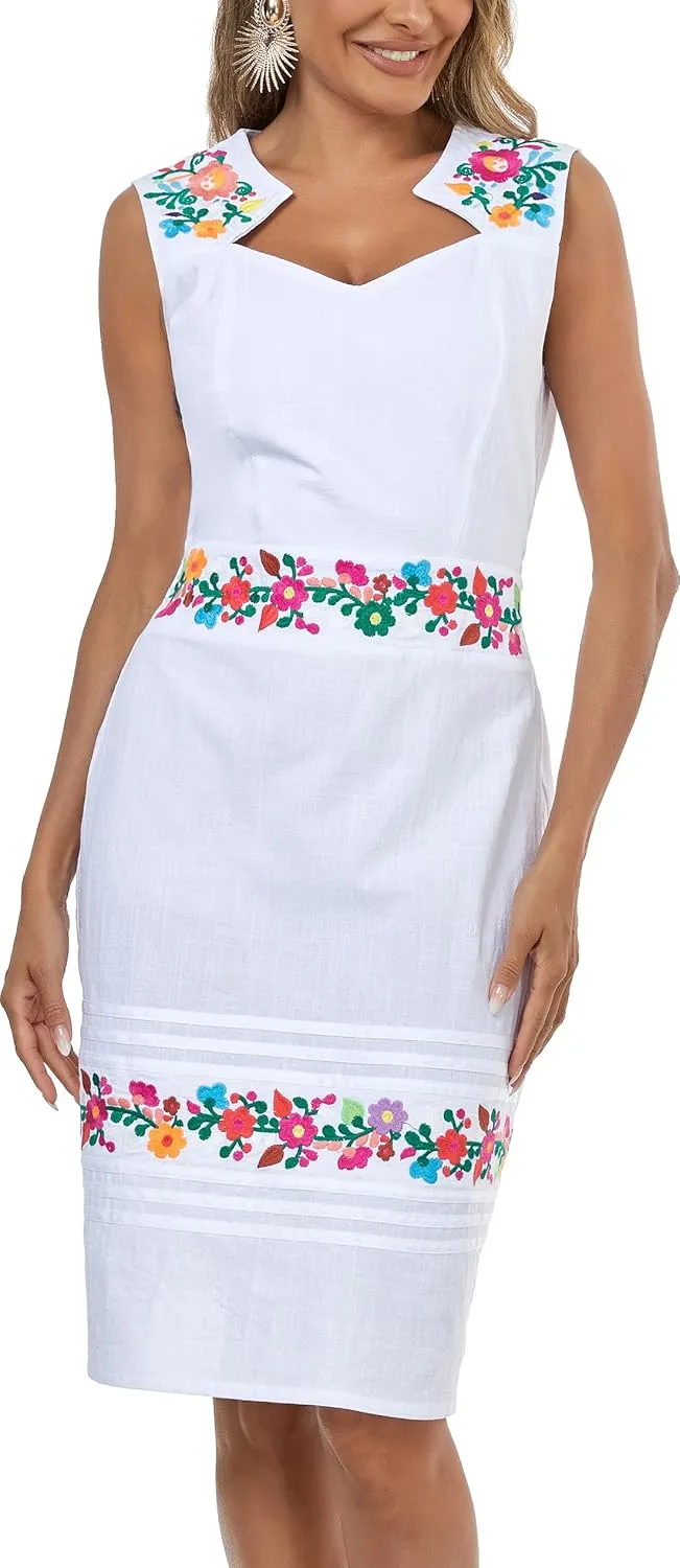 Women's Vintage Summer Dress Floral Embroidered V Neck Casual Party Cocktail Wrap Dress
